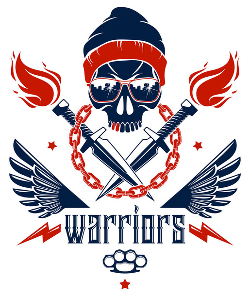 Anarchy and Chaos aggressive emblem or logo with wicked skull, w - Vector, Image