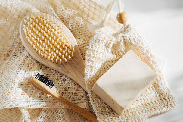 Soap Eco Bag, bamboo toothbrush, natural brush Eco cosmetics products and tools. Zero waste, Plastic free. Sustainable lifestyle concept - Fotografie, Obrázek