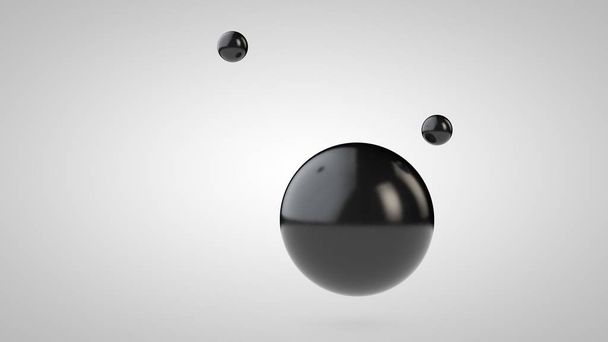 黒いボール、1つの大きいと2つの小さなボールの3Dイラスト。空気中の球体は、白い背景に隔離されています。抽象化の 3D レンダリング。ジオメトリ オブジェクトを含むスペース. - 写真・画像