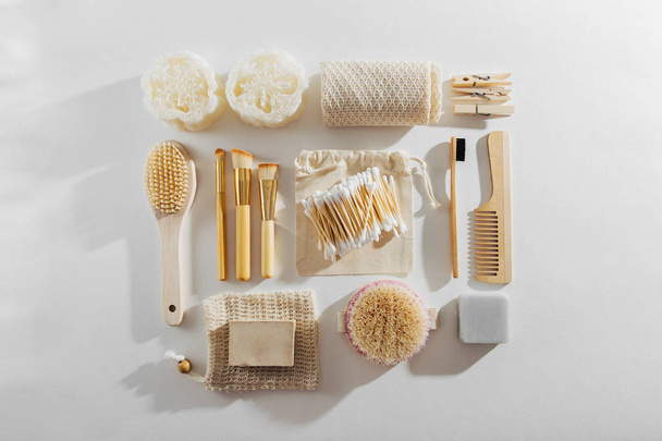 Zero waste supplies for personal hygiene. Eco Soap, bamboo toothbrush, natural wooden brush. Sustainable lifestyle. Plastic free concept - Foto, Bild