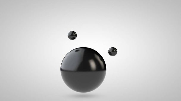 3D-Illustration von schwarzen Kugeln, einer großen und zwei kleinen Kugeln. Kugeln in der Luft, isoliert auf weißem Hintergrund. 3D-Darstellung einer Abstraktion. Raum mit geometrischen Objekten. - Foto, Bild