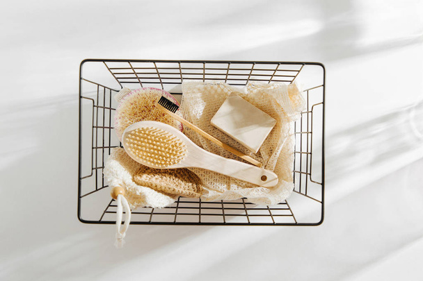 Eco natural bathroom accessories, natural cosmetics products and tools. Zero waste concept. Plastic free. Flat lay, top view  - Fotografie, Obrázek
