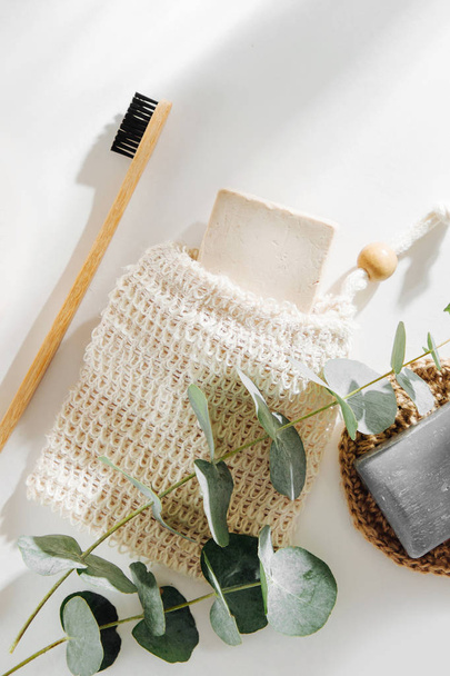 Soap Eco Bag, bamboo toothbrush, natural brush Eco cosmetics products and tools. Zero waste, Plastic free. Sustainable lifestyle concept - Foto, Imagen