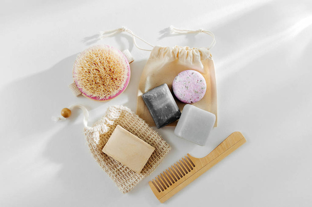 Eco natural Soap and Solid Shampoo Bars. Zero waste concept. Plastic free. Flat lay, top view - Valokuva, kuva