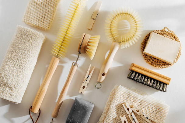 Natural dish brush and cleaning tools with Soap. Zero waste concept. Plastic free. Flat lay, top view - Fotoğraf, Görsel