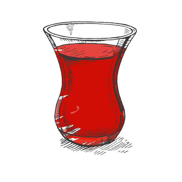 Beautiful hand drawn illustration of traditional turkish tea in an authentic turkish glass named bardak. - Vector, Image