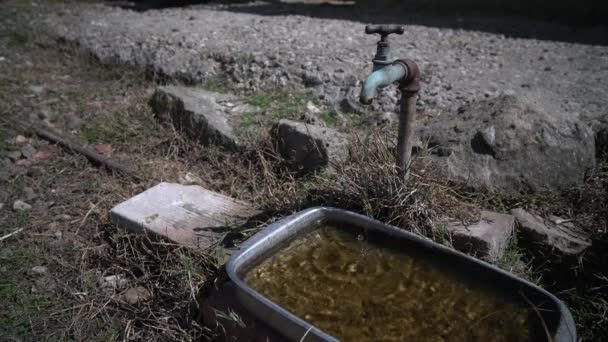Oude druipende kraan. Water pan met oude kraan druipend op het platteland. - Video