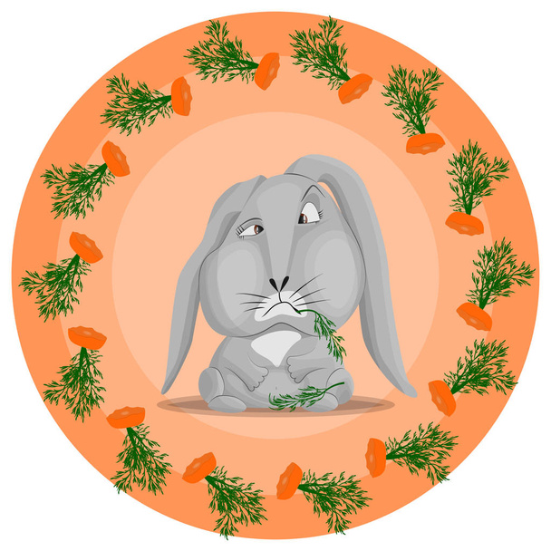 Διανυσματικό μοτίβο με ένα γκρίζο κουνέλι που έχει φάει καρότα. Τα απομεινάρια από καρότα σε έναν κύκλο σε πορτοκαλί φόντο. Η έννοια της λαιμαργίας και της αδιαφορίας στα τρόφιμα. - Διάνυσμα, εικόνα