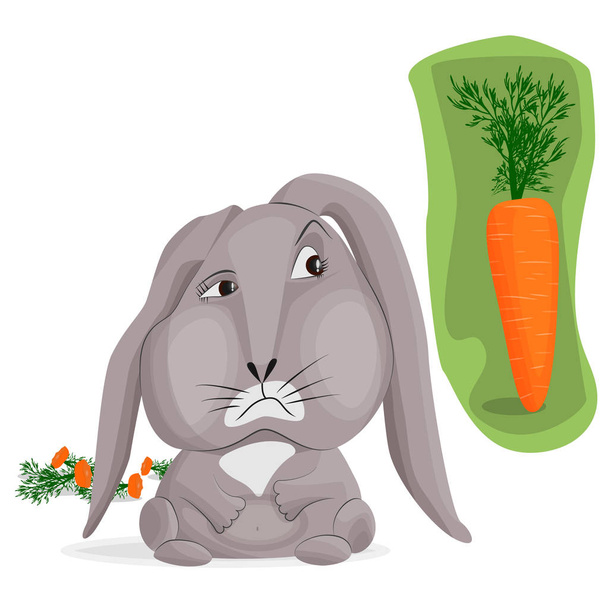 Imagen vectorial de un conejito gris triste sobre un fondo blanco. El conejo mira una gran zanahoria hermosa sobre un fondo verde. Detrás de un montón de sobras de comer zanahorias. El concepto de gula y exceso en la dieta
. - Vector, imagen