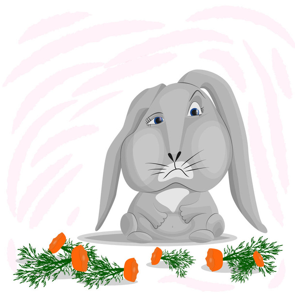 The gray rabbit ate all the carrots, leaving only bits with green tops. Vector image of a sad bunny on an abstract background. The concept of overeating, lack of restraint in food. - Vector, Image