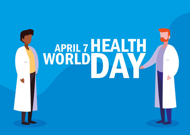 world health day card with doctors men - Vector, Image