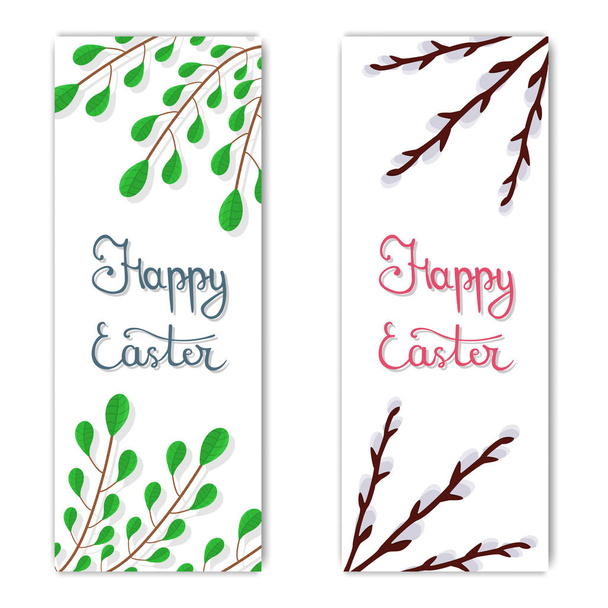 Easter Postcard. Calligraphy Lettering Happy Easter Inscription. Greeting or Invitation with Green Branches and Willow Twigs. Vector illustration for Your Design, Web, Print. - Vecteur, image