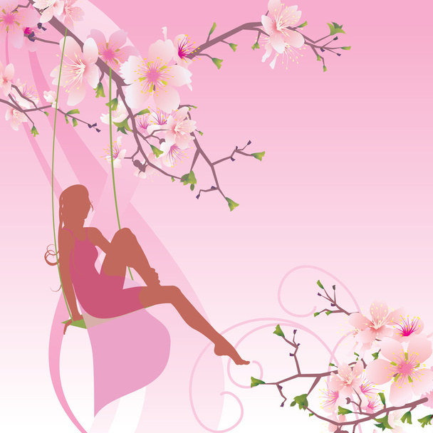 pink flowers cosmos and woman in gown sitting on the swings - Vector, Image