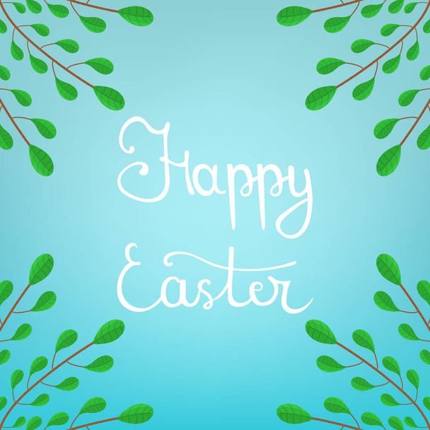 Kalligráfia betűkkel Boldog húsvéti felirat a kék háttér. Gyönyörű virágos keret zöld ágak. Vektoros illusztráció a design, Web. - Vektor, kép