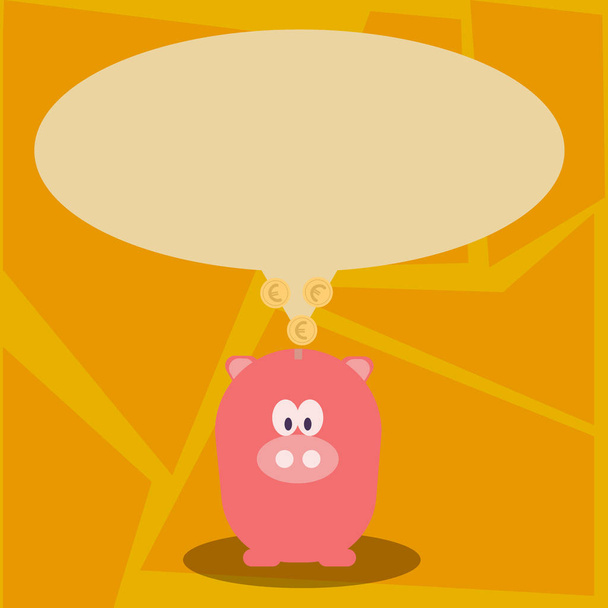 Ilustración de burbuja de discurso de color ovalado en blanco con monedas de oro en euros en su cola que apunta a Pastel Shade Piggy Bank. Idea de Antecedentes Creativos para Ahorrar Consejos y Asuntos Financieros
. - Vector, Imagen