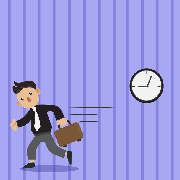 Man in Tie Carrying Briefcase and Walking Fast. Analog Wall Clock Hanging and Person with Bag Running in a Hurry. Creative Background for Appointment, Deadlines and Announcements. - Vector, Image