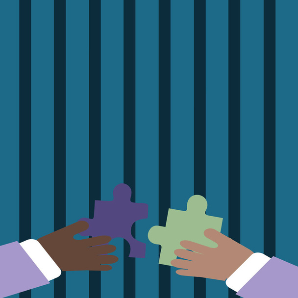 Dva podnikatelé ruce drží barevné kousky z Puzzle se chystají Interlock dlaždice. Tvůrčí zázemí pro nové nápady, týmové prezentace a Generální shromáždění reklamy. - Vektor, obrázek