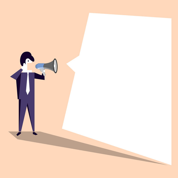 Businessman Standing and Shouting on Megaphone with Blank Speech Bubble. Man in Suit Holding Loudhailer with Empty Uneven Text Balloon. Backdrop Idea for Advisory and Announcement. - Vector, Image