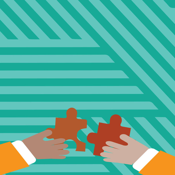 Dva podnikatelé ruce drží barevné kousky z Puzzle se chystají Interlock dlaždice. Tvůrčí zázemí pro nové nápady, týmové prezentace a Generální shromáždění reklamy. - Vektor, obrázek