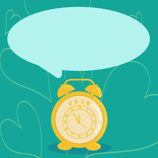 Round Shape Blank Speech Bubble and Analog Alarm Clock in Pastel Shade. Pale Color Text Balloon and Table Timepiece Ringer with Year 2019. Creative Idea for Schedules and Reminder. - Vector, Image