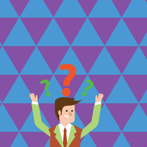 Man in Business Suit Raising Both Arms Upward Looking Confused and Question Marks Above his Head. Creative Background Idea for Informative Presentation, Advisory and Advertisement. - Vector, Image