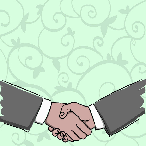Ilustración de dos hombres de negocios agitando las manos con firmeza como forma de gesto de saludo, bienvenida, trato cerrado o acuerdo. Antecedentes Creativos Idea de Reconocimiento y Negociaciones
. - Vector, imagen