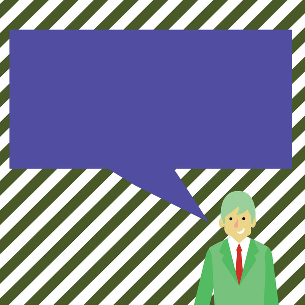 Illustration of Businessman Smiling and Talking with Blank Rectangular Speech Bubble. Creative Background Idea for Advisory, Notification, Announcement, Reporting and Presentation. - Vector, Image