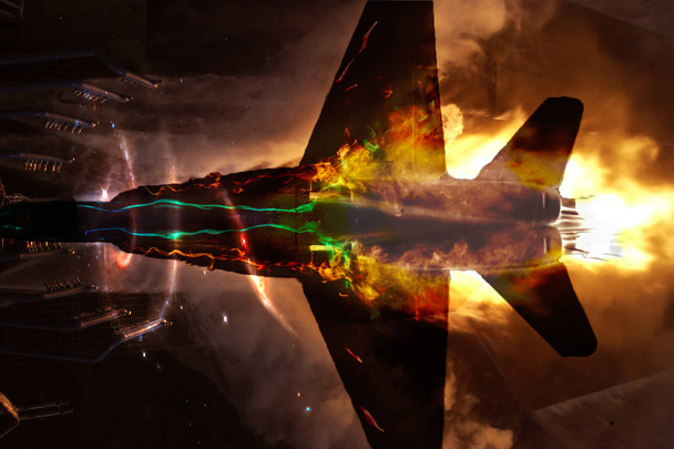 Collage avec des avions volants avec moteur d'avion explosif juste avant l'écrasement aérien. Éléments de cette image fournis par la NASA
. - Photo, image