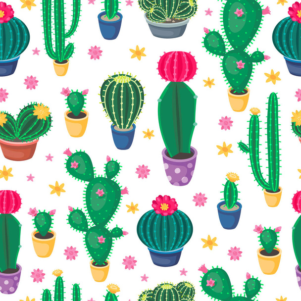Cartoon cactus seamless pattern with cute colorful cacti. - Wektor, obraz