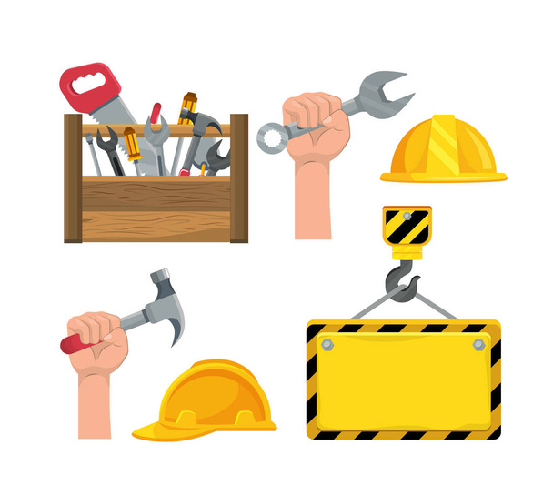 Set Baukasten-Werkzeug und Hand mit Hammer-Vektor-Illustration - Vektor, Bild