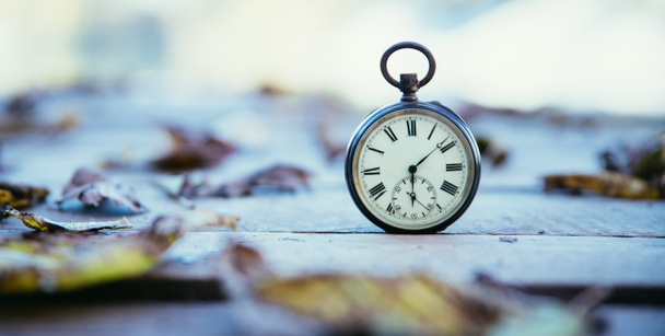 Il tempo passa: orologio vintage all'aperto; legno e foglie
; - Foto, immagini