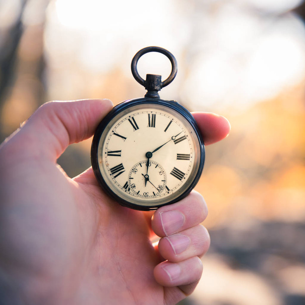 Il tempo passa: orologio vintage all'aperto, tenuto in mano; legno e foglie
 - Foto, immagini