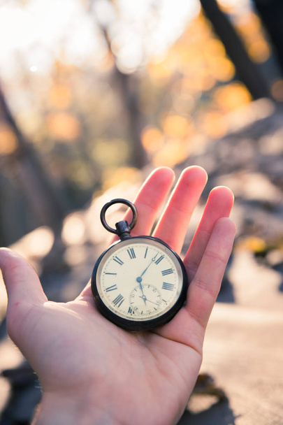 El tiempo pasa: reloj vintage al aire libre, de mano; madera y hojas
 - Foto, Imagen