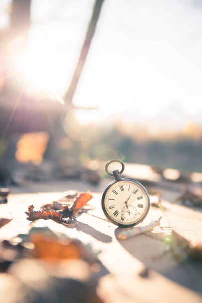 O tempo passa: relógio vintage ao ar livre; madeira e folhas
; - Foto, Imagem