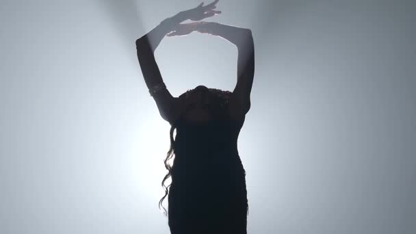 Γυναίκα που στέκεται πίσω στη στολή με χορό της κοιλιάς. Καπνό φόντο. Αργή κίνηση. Σιχουέτ - Πλάνα, βίντεο