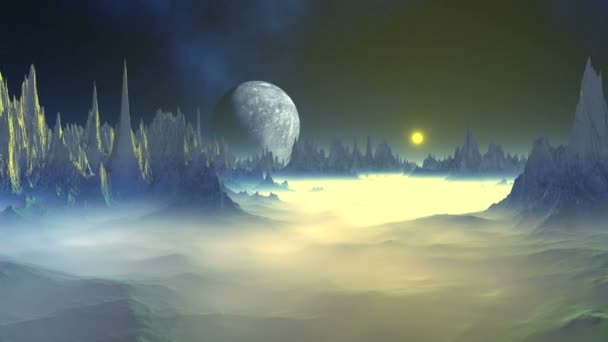 Mysterious Alien Planet. Un sol amarillo brillante se levanta sobre un planeta empañado rocoso. En la oscura nebulosa del cielo estrellado y una gran luna sobre el horizonte. La niebla se disipa lentamente
. - Imágenes, Vídeo