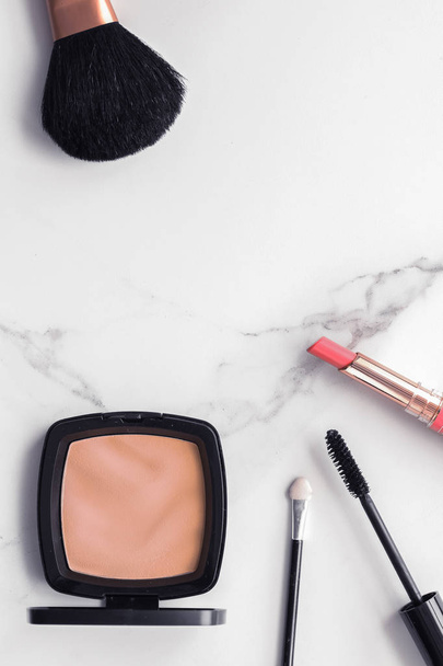 Make-up and cosmetics flatlay on marble - Photo, Image