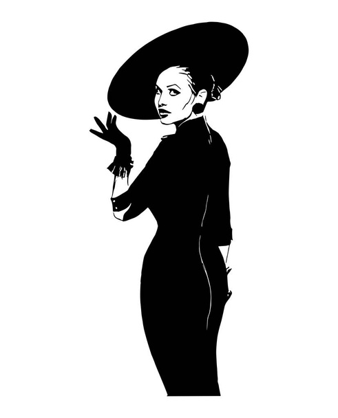 Wektor ręcznie rysowane szkic Lady w ilustracja kapelusz na białym tle - Wektor, obraz