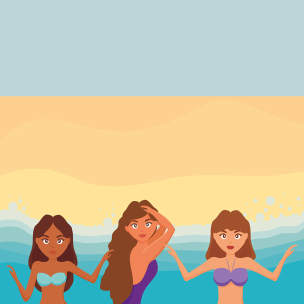 красиві жінки з купальниками на пляжі
 - Вектор, зображення