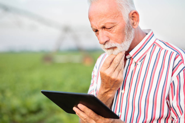 Senior-Agronom oder Landwirt mit einer Tablette auf Sojabohnenfeld. - Foto, Bild