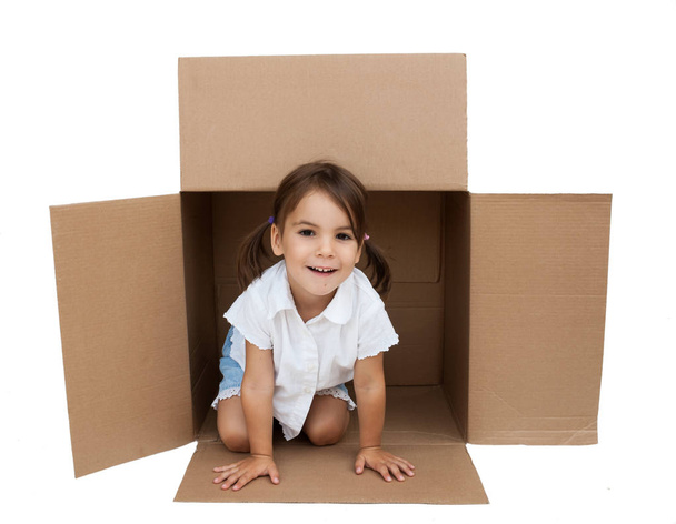 Little girl inside a Box isolated on white background - Zdjęcie, obraz