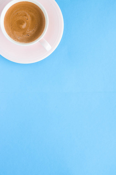 Hot aromatic coffee on blue background, flatlay - Photo, Image