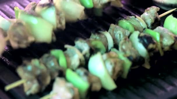 Ψήσιμο στη σχάρα τα νωπά κρέατα και λαχανικά κινηματογράφηση σε πρώτο πλάνο - Πλάνα, βίντεο