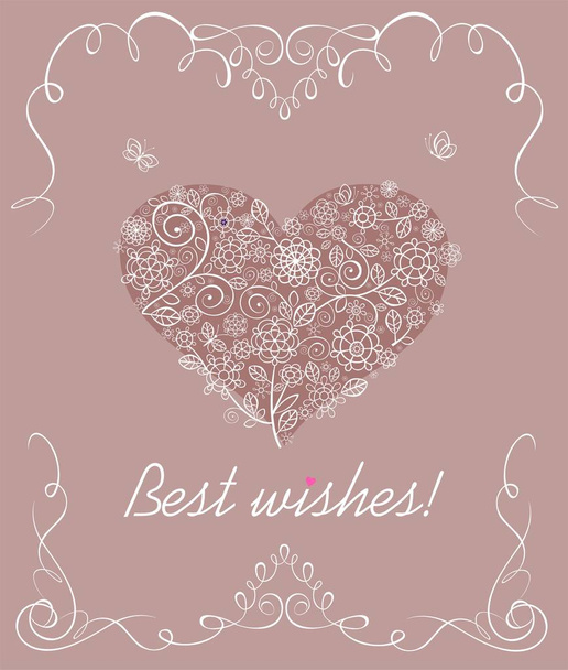 Sweet decorative card for Mothers day, birthday, Valentines day and arrival greeting with lacy flowers heart. - Wektor, obraz
