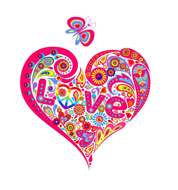 Tričko potisk barevné abstraktní srdce tvar s hippie symbol míru, daisy, nápis love a funny butterfly izolovaných na bílém pozadí. - Vektor, obrázek