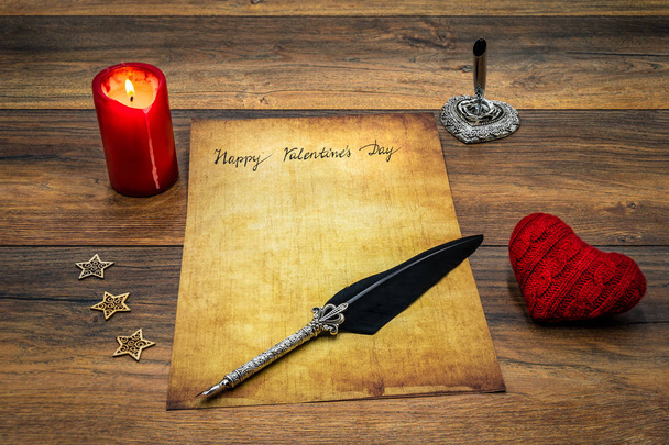 Happy Ημέρα του Αγίου Βαλεντίνου κάρτα με αγάπη harts, κερί και quill - Φωτογραφία, εικόνα