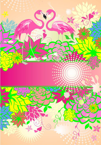 Beautiful floral summery banner with colorful flowers and pair of pink flamingo - Vector, Image