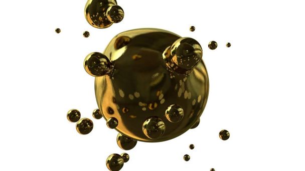 3D illustration of Golden drops in weightlessness, abstraction, futuristic background, the idea of synthesis and luxury. 3D rendering on white background. - Photo, Image