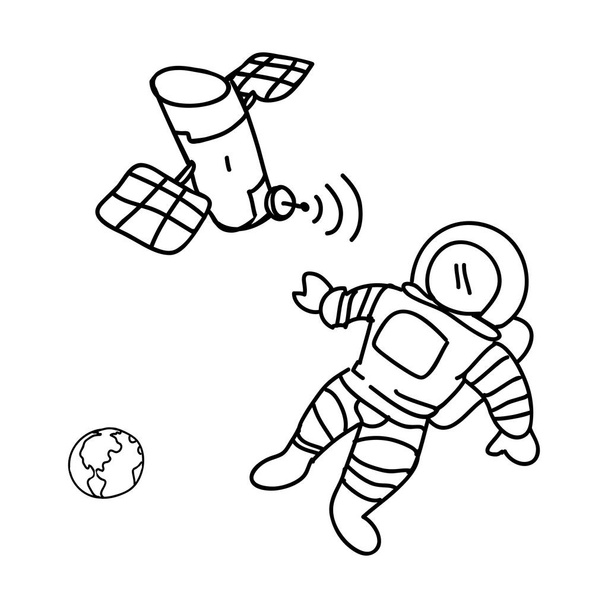 sztuczny satelita na orbicie z astronautą i ziemi - Wektor, obraz