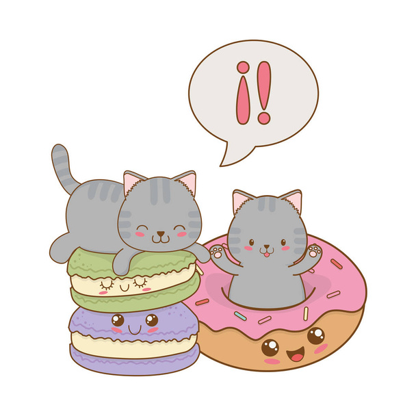 sevimli küçük kediler donuts kawaii karakterlerle illüstrasyon tasarım vektör - Vektör, Görsel